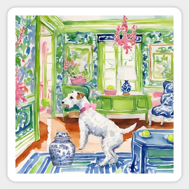 White terrier playing ball in chinoiserie interior Sticker by SophieClimaArt